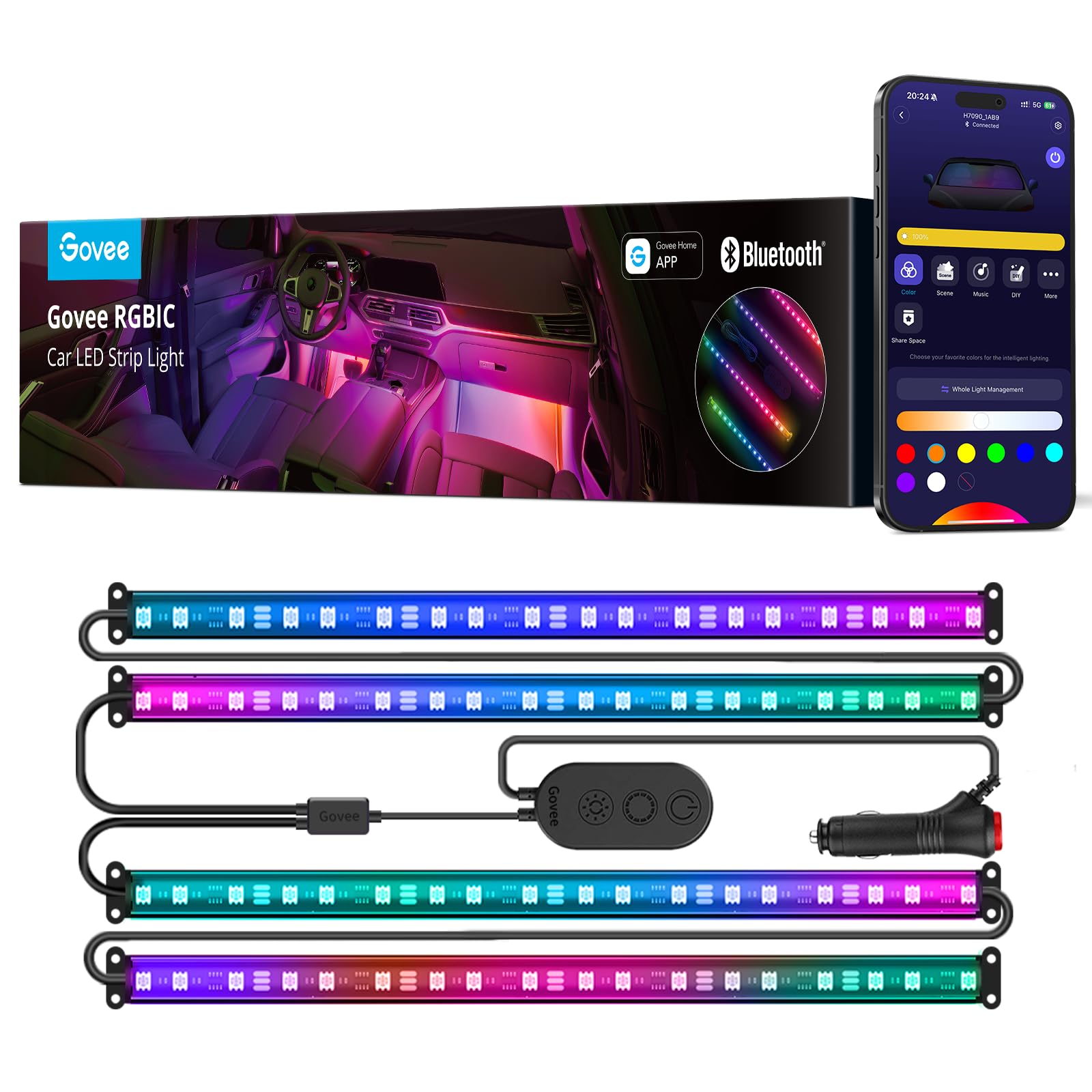 1Set Car LED Foot Light Strip 2.54cm 4 Interior Music Voice Control Light APP Control Universal RGB Decorative Lamp Car Lighter Ambient Light Strip