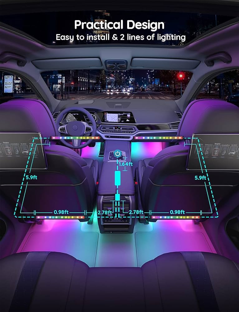 1Set Car LED Foot Light Strip 2.54cm 4 Interior Music Voice Control Light APP Control Universal RGB Decorative Lamp Car Lighter Ambient Light Strip