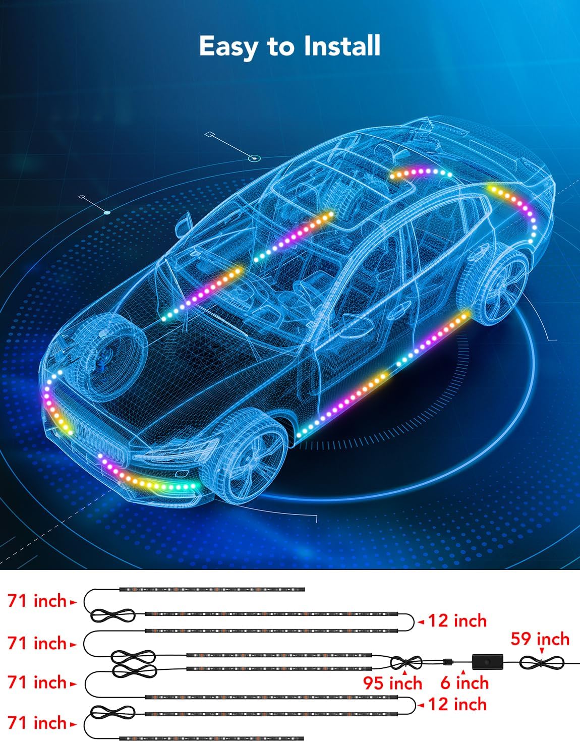 1Set Car LED Foot Light Strip 2.54cm 4 Interior Music Voice Control Light APP Control Universal RGB Decorative Lamp Car Lighter Ambient Light Strip