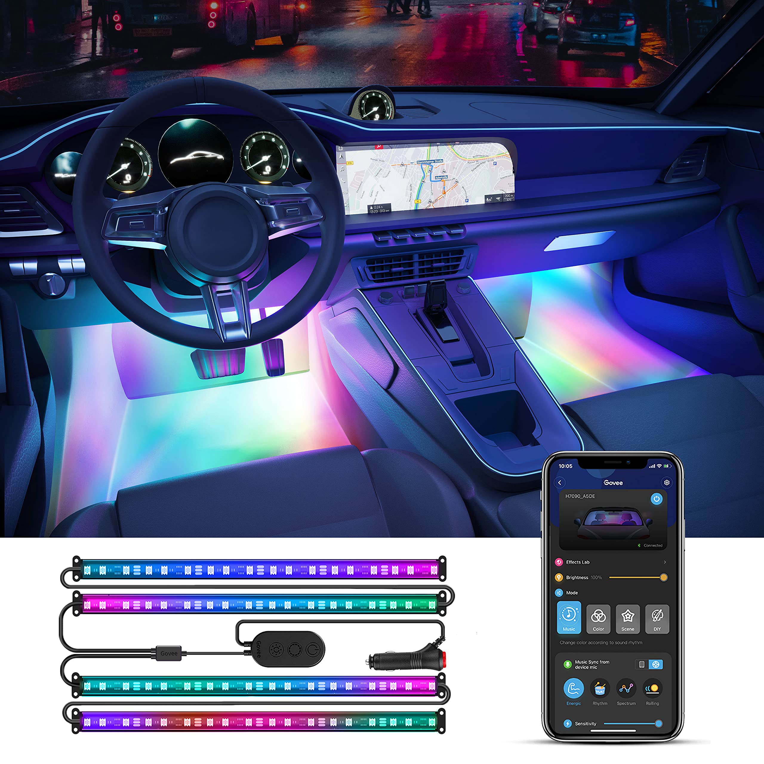 1Set Car LED Foot Light Strip 2.54cm 4 Interior Music Voice Control Light APP Control Universal RGB Decorative Lamp Car Lighter Ambient Light Strip